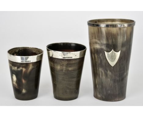Two Victorian Silver Mounted Horn Beakers and One Other Horn Beaker,&nbsp;the two with mounts by Atkin Brothers, Sheffield 18