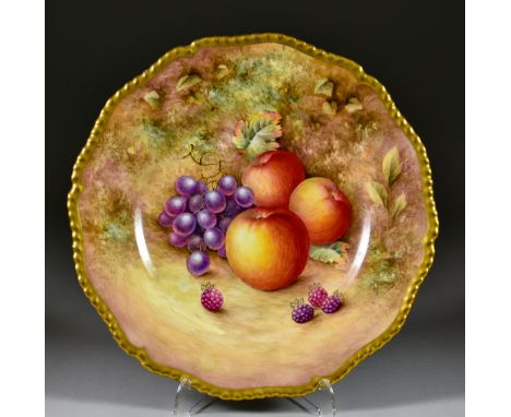 A Royal Worcester Bone China Cabinet Plate, Circa 1960,&nbsp;decorated by M.Johnson with a still life of grapes, blackberries