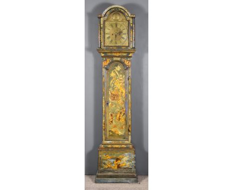 An 18th Century Green Japanned Longcase Clock, by John Watts of Canterbury, the 12ins arched brass dial with Roman and Arabic