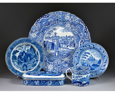 A Selection of English Blue and White Transfer Printed Pottery, including - a rectangular toilet box and cover printed in Rur