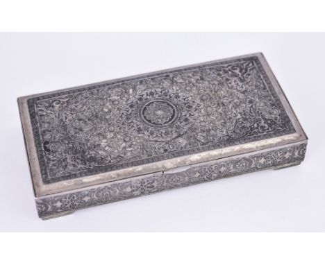 A Persian Silver and Silver Gilt Rectangular Box, stamped 84 standard, the lid embossed with central oval medallion surrounde