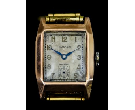 A Gentleman's 9ct Gold Manual Wind Wristwatch, by Walker, 9ct gold case, 25mm x 35mm, white dial with Arabic baton numerals a