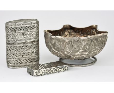 A Continental White and Gilt Metal Combined Vesta / Snuff Box and Two Pieces of Indian Silvery Metal ware, the vesta / snuff 