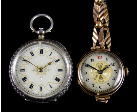  A Lady's Manual Wind Wristwatch, Early 20th Century, 9ct gold case, 26mm diameter, gold and silver dial with black Roman bat