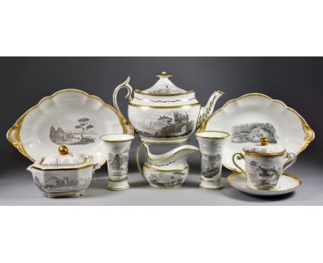 A Collection of Spode Bat-Printed Porcelain,&nbsp;Circa 1800, Pattern 557 with gilt stripe border, including - teapot and cov