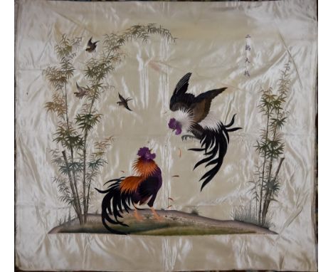 A Selection of Chinese Embroidered Textiles, 19th/20th Century, including - a cream silk panel embroidered in colours depicti