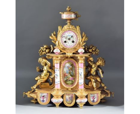 A 19th Century French Gilt Metal and Porcelain Mounted Mantle Clock by S Martie &amp; Cie, the case stamped by Philipe H Mour