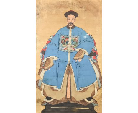 Chinese School - Gouache - Seated portrait of a Mandarin, 44ins (111.8cm) x 26ins (66cm), in ebonised frame and glazed
