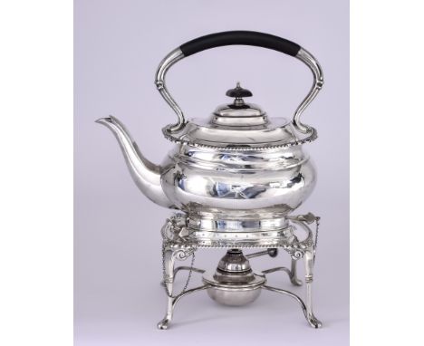 A George V Silver Tea Kettle on Stand, by Harrison Bros. & Howson, Sheffield 1928, with gadroon, shell and scroll mounts, ebo