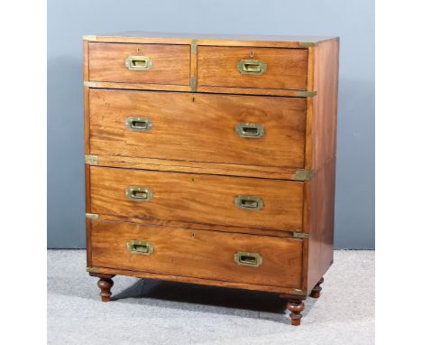 A 19th Century Mahogany and Brass Bound Military Chest, with square edge to top, fitted two short and three long drawers, and