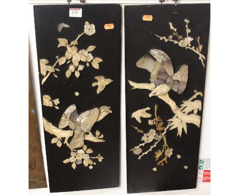 A pair of Japanese shibiyama panels, principally being bone and mother of pearl (some losses), each 59 x 22cm