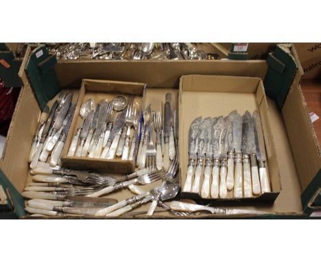 A box of miscellaneous of mother pearl handled silver plated cutlery