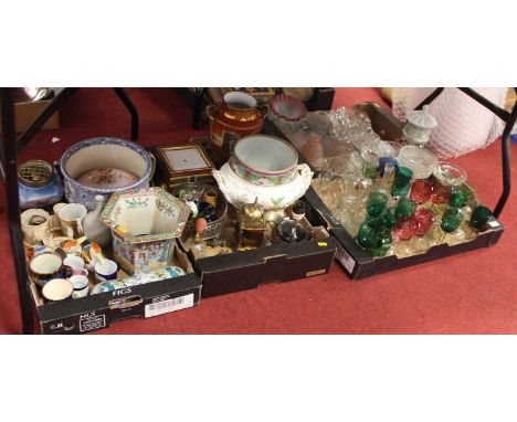 Four boxes containing a collection of 19th and later glassware, ceramics and metalware, to include a Chinese Canton jardinier