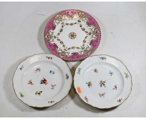 A Victorian Copeland Spode plate, hand-painted with fruit within a pink border with raised gilt decoration, printed mark vers