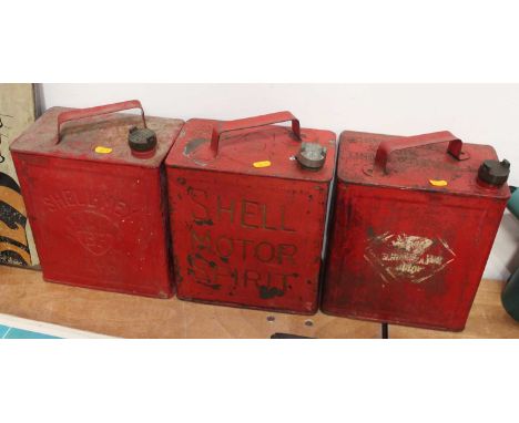 Three various vintage petrol cans with original caps to include a Shellmex BP limited example, a Shell Motor Spirit, an unmar