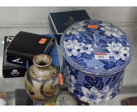 A Victorian Staffordshire blue &amp; white printed tureen and cover, 21cm, together with stoneware specimen vase, two boxed R