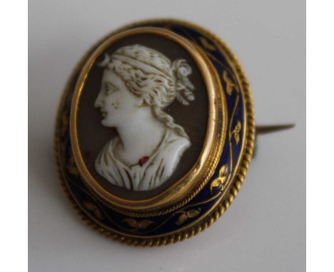A 19th century carved shell cameo brooch depicting profile portrait of a maiden, the whole in yellow metal and enamel set mou