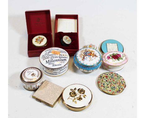 A Staffordshire enamel patch box, together with various others
