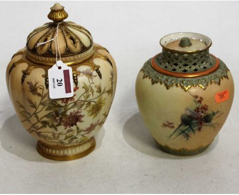 A circa 1900 Royal Worcester blush ivory pot pourri jar and cover, of squat melon form, having shot enamel decoration, puce m