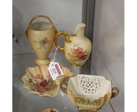 A circa 1900 Royal Worcester blush ivory jug, having floral decoration and gilt handle, shape No.1004(?), registration mark 2