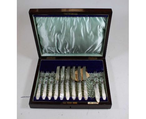 A cased set of mother-of-pearl handled knives and forks
