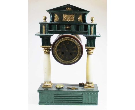 A reproduction portico type clock, having black dial with gilt Roman numerals, h.47cm