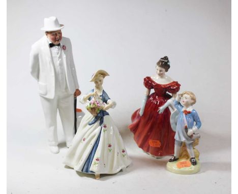 A Royal Doulton figue of Sir Winston Churchill, H27cm, together with two other Royal Doulton figures and a Royal Worcester fi