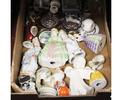 A box of miscellaneous china to include various continental figures, blue jasper ware trinket jar &amp; cover, crested cabine