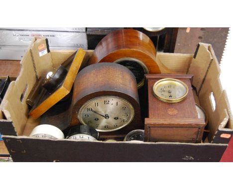 An Edwardian inlaid oak mantel clock together with other early and mid 20th century mantel and alarm clocks