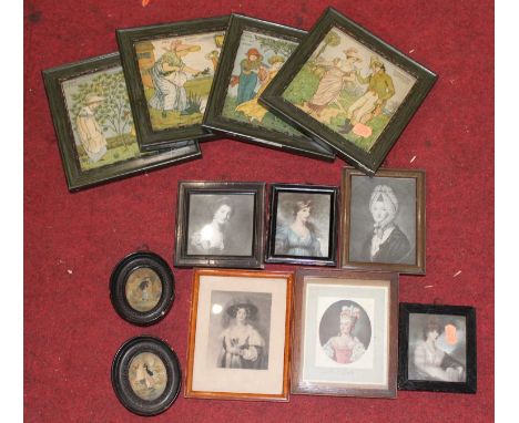 A collection of various portrait miniatures, pair silkworks etc (12)