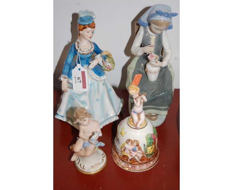 A Lladro Spanish porcelain figure of a girl, H21cm, together a Capodimonte table bell, a Naples figure and one other (4)