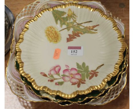 A late Victorian Royal Worcester blush ivory plate, of shaped circular form, having shot enamel decoration and gilt border, p