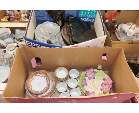 Two boxes of miscellaneous items, to include a pair of gilt corner wall brackets, various brass crumb tray with brush, J&amp;
