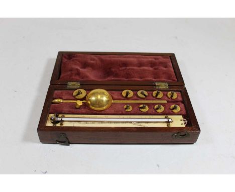 A Sike's hydrometer, housed in a mahogany case, w.20cm