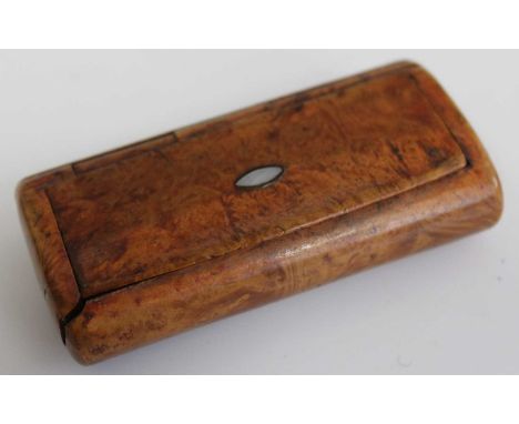 A 19th century burr wood and mother of pearl inlaid snuff box, 9cm