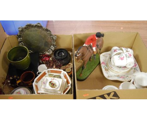 Two boxes of miscellaneous items, to include a silver plated card waiter, Wedgwood part tea service, Spode collectors plates 
