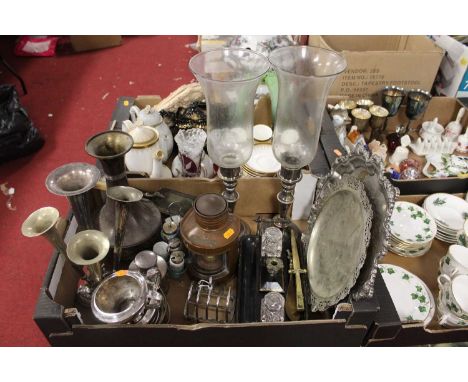 A box containing a collection of metalware, to include a silver plated salver, ships lantern etcCondition report: Ships lante