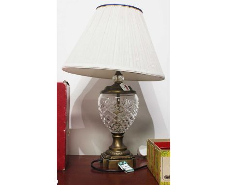 A pressed glass and brass mounted table lamp, with pleated silk shade, h.58cm