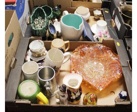 Two boxes of miscellaneous glassware and ceramics, to include Marigold Carnival glass bowl, Poole Pottery jug, various teawar