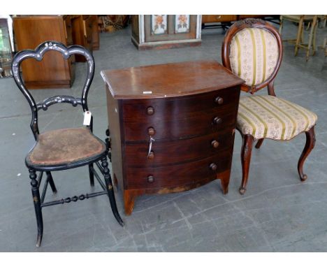 A VICTORIAN PAPIER MACHE SALON CHAIR INLAID WITH MOTHER OF PEARL, A CARVED MAHOGANY SALON CHAIR AND A BOW FRONTED MAHOGANY CO