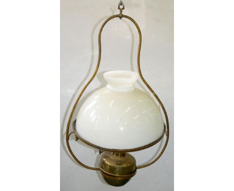 A BRASS HANGING OIL LAMP WITH WHITE GLASS SHADE, 68CM H