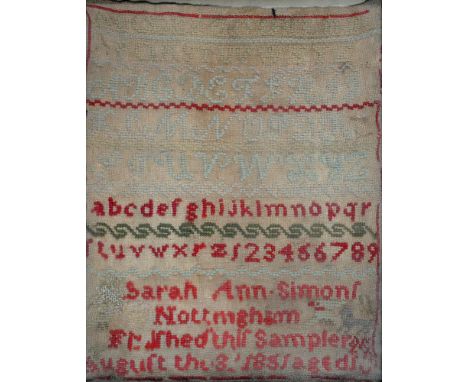 A VICTORIAN LINEN SAMPLER, WORKED BY SARAH ANN SIMON, DATED 1851, 30 X 23CM