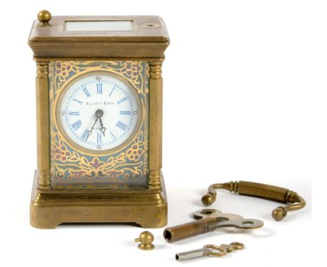 A FRENCH GILTBRASS AND CHAMPLEVE ENAMEL MINIATURE CARRIAGE CLOCK, THE ENAMEL DIAL INSCRIBED ELLIOTT AND SON LONDON, THE TIMEP