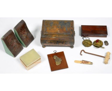 A REGENCY PENWORK WORK BOX WITH BRASS HANDLES AND FEET, 21CM L, MUCH WORN, A 19TH C COMMEMORATIVE GILT BRASS PORTRAIT RELIEF 