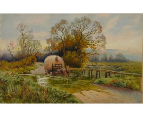 ARTHUR H. ENOCH, MOORLAND LANDSCAPE, SIGNED, WATERCOLOUR, 35 X 53CM AND A. R. FRASER, HAYCART CROSSING THE FORD, SIGNED, DATE