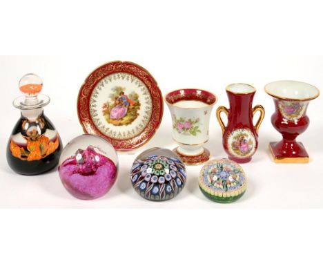 THREE GLASS PAPERWEIGHTS, A PAPERWEIGHT BOTTLE AND STOPPER AND FOUR ITEMS OF LIMOGES CLARET GROUND TRINKET WARE