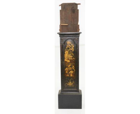 AN 18TH C ENGLISH JAPANNED LONGCASE CLOCK CASE, 194CM H X 42CM, LACKS HOOD AND MOVEMENT