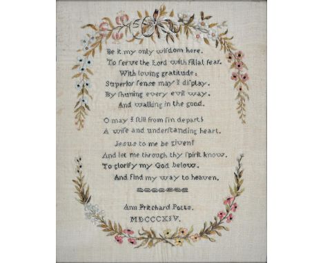 A VICTORIAN LINEN SAMPLER, WORKED BY ANNE PRITCHARD POTTS, DATED 1847, 39 X 31CM 