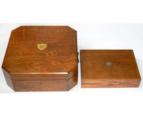 AN OAK SILVER-BOX, FITTED FOR A TEA SERVICE, 48 CM W AND ANOTHER WOODEN BOX