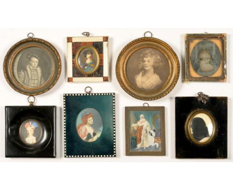 AN EARLY 19TH C SILHOUETTE IN EBONISED FRAME, A VICTORIAN AMBROTYPE AND SEVERAL DECORATIVE FRENCH MINIATURES, INCLUDING LADY 